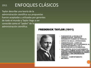 1911
Taylor describe una teoría de la
administración científica sus propuestas
fueron aceptadas y utilizadas por gerentes
de todo el mundo y Taylor llego a ser
conocido como el “padre” de la
administración científica.
ENFOQUES CLÁSICOS
 