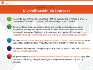 Beneficio Nº3: 
Diversificación de Ingresos 
Recuerda que el 95% de compañías MLM no superan los primeros 5 años, y 
que de ese 5% que lo consigue, el 95% no llegan a los 10 años. 
Con este Panorama es necesario hacer un estudio de mercado antes de 
emprender un negocio, sea o no de MLM. Pero lo cierto es que antes de 
emprender un nuevo Multinivel solemos tener muy poca información, y nos 
dejamos llevar por la emoción ante los continuos lanzamientos que existen. 
En J1N, las empresas MLM que elegimos deben cumplir criterios estrictos en 
Legalidad, Sostenibilidad, Producto, Solvencia, Directiva y Plan de Pagos. 
su 
El Sistema J1N seguirá trabajando para ti y para tu equipo cada día, añadiendo 
activos estratégicamente. 
En pocos meses podrás estar consolidando varias fuentes de ingreso, que irán 
creciendo día a día, siempre que sigas trabajando el Método J1N. Así de 
sencillo. 
 