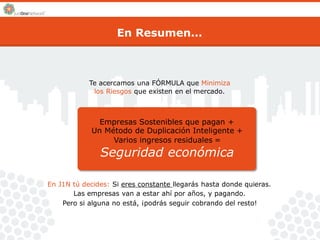 En Resumen... 
Te acercamos una FÓRMULA que Minimiza 
los Riesgos que existen en el mercado. 
Empresas Sostenibles que pagan + 
Un Método de Duplicación Inteligente + 
Varios ingresos residuales = 
Seguridad económica 
En J1N tú decides: Si eres constante llegarás hasta donde quieras. 
Las empresas van a estar ahí por años, y pagando. 
Pero si alguna no está, ¡podrás seguir cobrando del resto! 
 
