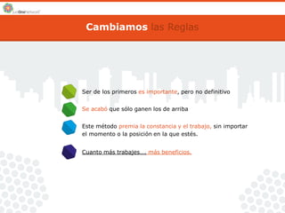 Cambiamos las Reglas 
Ser de los primeros es importante, pero no definitivo 
Se acabó que sólo ganen los de arriba 
Este método premia la constancia y el trabajo, sin importar 
el momento o la posición en la que estés. 
Cuanto más trabajes…. más beneficios. 
 