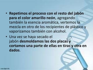 • Repetimos el proceso con el resto del jabón
para el color amarillo neón, agregando
también la esencia aromática, vertemos la
mezcla en otro de los recipientes de plástico y
vaporizamos también con alcohol.
• Una vez se haya secado el
jabón desmoldamos las dos placas y
cortamos una parte de ellas en tiras y otra en
dados.
 