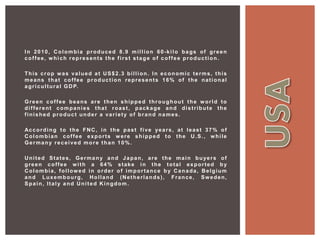 In 2010, Colombia produced 8.9 million 60-kilo bags of green
coffee, w hich represents the first stage of coffee production.
This crop was valued at US$2.3 billion. In economic terms, this
means that coffee production represents 16% of the national
agricultural GDP.
Green coffee beans are then shipped throughout the world to
different companies that roast, package and distribute the
finished product under a variety of brand names.
According to the FNC, in the past five years, at least 37% of
Colombian coffee exports were shipped to the U.S., while
Germany received more than 10%.
United States, Germany and Japan, are the main buyers of
green coffee with a 64% stake in the total exported by
Colombia, followed in order of importance by Canada, Belgium
and Luxembourg, Holland (Netherlands), France, Sweden,
Spain, Italy and United Kingdom.
 
