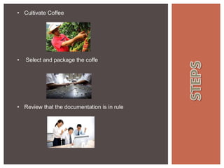 • Cultivate Coffee
• Select and package the coffe
• Review that the documentation is in rule
 