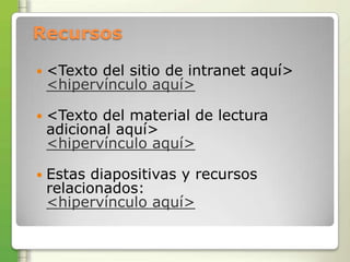 Recursos

   <Texto del sitio de intranet aquí>
    <hipervínculo aquí>

   <Texto del material de lectura
    adicional aquí>
    <hipervínculo aquí>

   Estas diapositivas y recursos
    relacionados:
    <hipervínculo aquí>
 