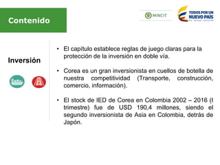Inversión
Contenido
• El capítulo establece reglas de juego claras para la
protección de la inversión en doble vía.
• Corea es un gran inversionista en cuellos de botella de
nuestra competitividad (Transporte, construcción,
comercio, información).
• El stock de IED de Corea en Colombia 2002 – 2016 (I
trimestre) fue de USD 190,4 millones, siendo el
segundo inversionista de Asia en Colombia, detrás de
Japón.
 