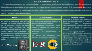 PARADIGMA CONDUCTISTA
El conductismo surge como una teoría psicológica y es luego cuando se aplica en el ámbito educativo; antes del aparecimiento
del conductismo, el aprendizaje se concebía como un proceso interno, y se investigaba a través de la introspección. Pero con el
surgimiento del paradigma en cuestión, este método se rechaza, y se da una propuesta de enfoque externo, donde las mediciones se
realizan a través de fenómenos observables.
Sus inicios se remontan al siglo XX, su
fundador: J.B. Watson, relataba que para
que la psicología lograra un status
científico, debía olvidarse de los
procesos internos y enfocarse más en los
externos. Desde esta perspectiva, el
aprendizaje es un cambio observable en
el comportamiento, donde se ignora a
los procesos internos ya que no pueden
medirse.
Origen Características Concepción alumno:
J.B. Watson
-No habla de un aprendizaje producto de
una relación estímulo-respuesta.
-El aprendizaje únicamente ocurre
cuando se observa un cambio en el
comportamiento.
-Relaciona el modelamiento de
conductas.
-El estudio del aprendizaje debe
enfocarse en fenómenos observables.
E R
-
El alumno es un sujeto cuyo aprendizaje
puede ser arreglado desde el contexto,
solamente debe programarse
adecuadamente los elementos educativos
para que se logre el aprendizaje
deseable.
Concepción maestro:
Por su parte, el maestro debe desarrollar
elementos de contingencia y
reforzamiento para lograr enseñar de
forma efectiva, del mismo modo es
necesaria la integración de estrategias
para el control de estímulos.
5
 