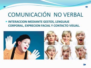 COMUNICACIÓN NO VERBAL
 INTERACCION MEDIANTE GESTOS, LENGUAJE

CORPORAL, EXPRECION FACIAL Y CONTACTO VISUAL.

 