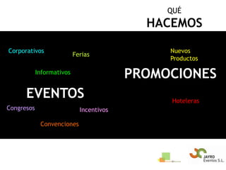 QUÉHACEMOSCorporativosNuevos ProductosFeriasPROMOCIONESInformativosEVENTOSHotelerasCongresosIncentivosConvenciones
