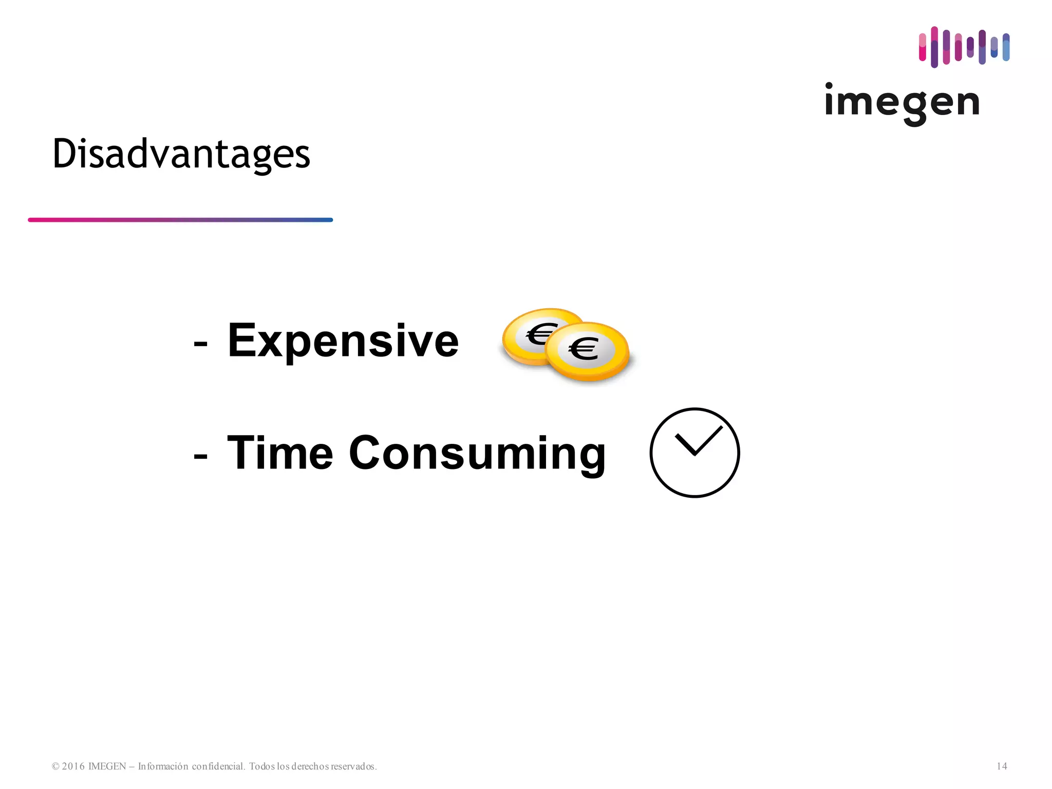 14© 2016 IMEGEN – Información confidencial. Todos los derechos reservados.
-­ Expensive
-­ Time  Consuming
Disadvantages
 