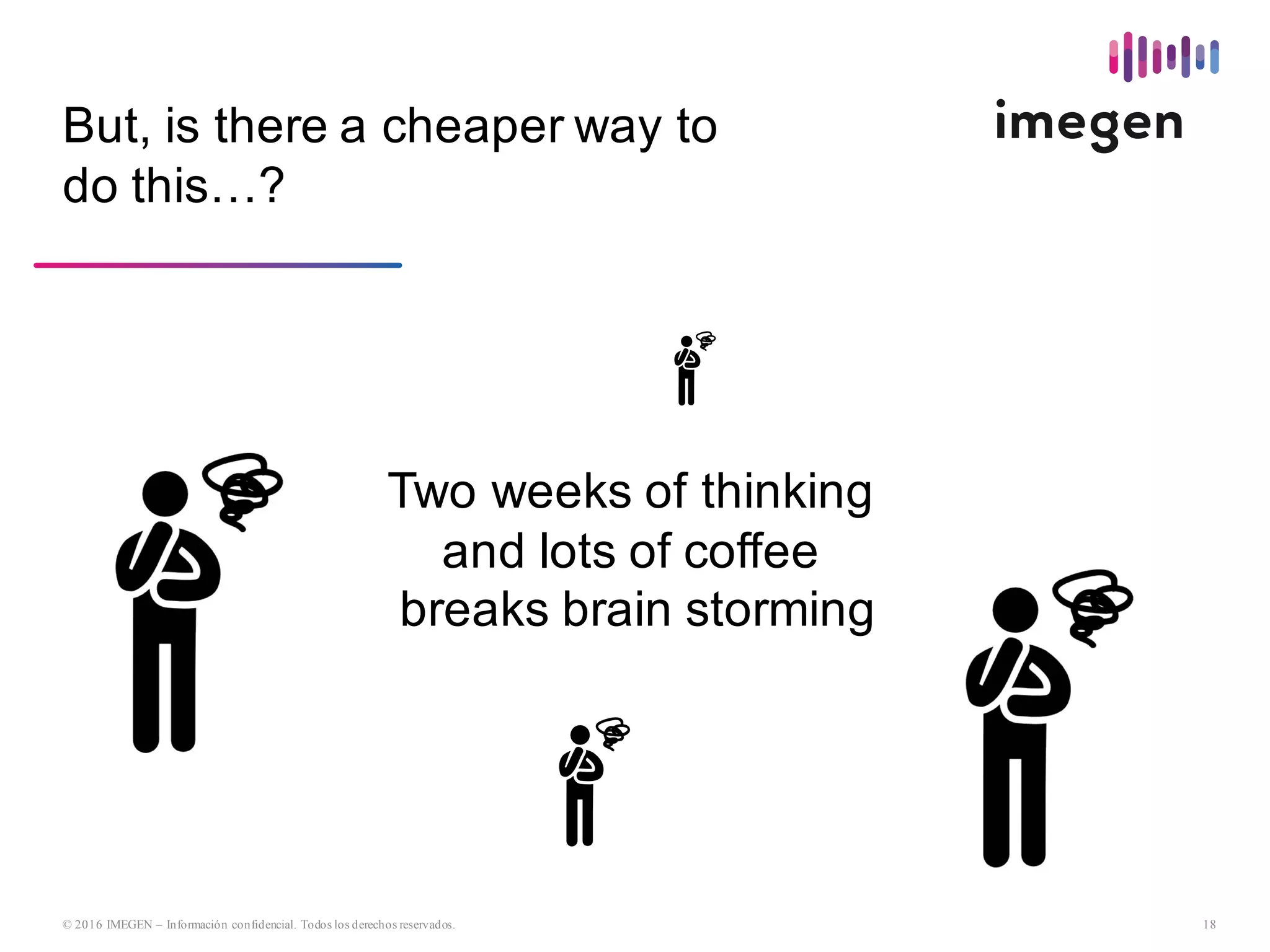 18© 2016 IMEGEN – Información confidencial. Todos los derechos reservados.
Two  weeks  of  thinking
and  lots  of  coffee
breaks  brain  storming
But,  is  there  a  cheaper  way  to  
do  this…?
 
