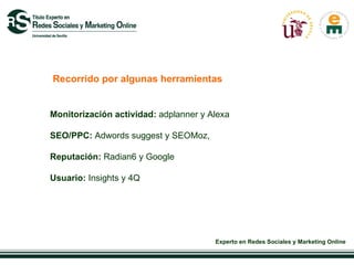 Recorrido por algunas herramientas


Monitorización actividad: adplanner y Alexa

SEO/PPC: Adwords suggest y SEOMoz,

Reputación: Radian6 y Google

Usuario: Insights y 4Q




                                       Experto en Redes Sociales y Marketing Online
 