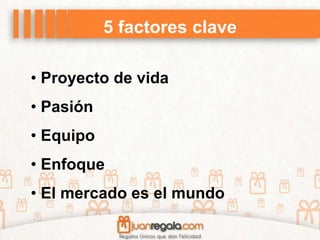 5 factores clave
• Proyecto de vida
• Pasión
• Equipo
• Enfoque
• El mercado es el mundo
 