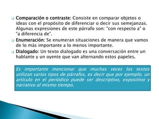  Comparación o contraste: Consiste en comparar objetos o
ideas con el propósito de diferenciar o decir sus semejanzas.
Algunas expresiones de este párrafo son: "con respecto a" o
"a diferencia de".
 Enumeración: Se enumeran situaciones de manera que vamos
de lo más importante a lo menos importante.
 Dialogado: Un texto dialogado es una conversación entre un
hablante y un oyente que van alternando estos papeles.
Es importante mencionar que muchas veces los textos
utilizan varios tipos de párrafos, es decir que por ejemplo, un
artículo en el periódico puede ser descriptivo, expositivo y
narrativo al mismo tiempo.
 