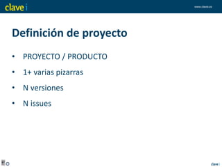 www.clavei.es
Definición de proyecto
• PROYECTO / PRODUCTO
• 1+ varias pizarras
• N versiones
• N issues
 