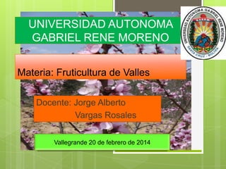 UNIVERSIDAD AUTONOMA
GABRIEL RENE MORENO
Materia: Fruticultura de Valles
Docente: Jorge Alberto
Vargas Rosales
Vallegrande 20 de febrero de 2014

 