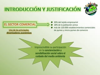 30% del tejido empresarial
                                              18% de la población activa
                                              más de 120.000 establecimientos comerciales
  Uno de los principales                      de pymes y micro pymes de comercio
dinamizadores económicos




                           Imprescindible su participación
                               en la concienciación y
                            sensibilización social sobre el
                            cuidado del medio ambiente
 