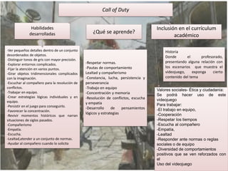 Universidad de Sevilla - Facultad de Ciencias
de la Educación
5
Call of Duty
Habilidades
desarrolladas ¿Qué se aprende?
Inclusión en el currículum
académico
-Ver pequeños detalles dentro de un conjunto
desordenados de objetos.
-Distinguir tonos de gris con mayor precisión.
-Explorar entornos complicados.
-Fijar la atención en varios puntos.
-Girar objetos tridimensionales complicados
con la imaginación.
-Escuchar al compañero para la resolución de
conflictos.
-Trabajar en equipo.
-Crear estrategias lógicas individuales y en
equipo.
-Persistir en el juego para conseguirlo.
-Favorecer la concentración.
-Revivir momentos históricos que narran
situaciones de siglos pasados.
-Compañerismo
-Empatía.
-Escucha.
-Lealtad,atender a un conjunto de normas.
-Ayudar al compañero cuando lo solicita
-Respetar normas.
-Pautas de comportamiento
Lealtad y compañerismo
-Constancia, lucha, persistencia y
perseverancia
-Trabajo en equipo
-Concentración y memoria
-Resolución de conflictos, escucha
y empatía
-Desarrollo de pensamientos
lógicos y estrategias
Historia
Donde el profesorado,
presentando alguna relación con
los escenarios que muestra el
videojuego, exponga cierto
contenido del tema
Valores sociales- Ética y ciudadanía:
Se podrá hacer uso de este
videojuego
Para trabajar:
-El trabajo en equipo,
-Cooperación
-Respetar los tiempos
-Escucha al compañero
-Empatía,
-Lealtad
-Responder ante normas o reglas
sociales o de equipo
-Diversidad de comportamientos
positivos que se ven reforzados con
el
Uso del videojuego
 