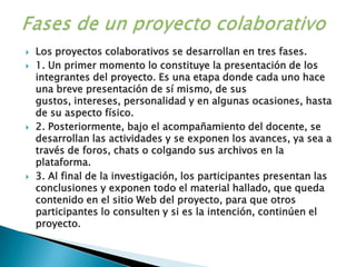Fases de un proyecto colaborativoLos proyectos colaborativos se desarrollan en tres fases.1. Un primer momento lo constituye la presentación de los integrantes del proyecto. Es una etapa donde cada uno hace una breve presentación de sí mismo, de sus gustos, intereses, personalidad y en algunas ocasiones, hasta de su aspecto físico.2. Posteriormente, bajo el acompañamiento del docente, se desarrollan las actividades y se exponen los avances, ya sea a través de foros, chats o colgando sus archivos en la plataforma.3. Al final de la investigación, los participantes presentan las conclusiones y exponen todo el material hallado, que queda contenido en el sitio Web del proyecto, para que otros participantes lo consulten y si es la intención, continúen el proyecto.