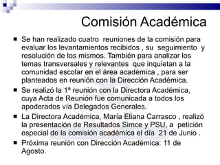 Comisión Académica Se han realizado cuatro  reuniones de la comisión para evaluar los levantamientos recibidos , su  seguimiento  y resolución de los mismos. También para analizar los temas transversales y relevantes  que inquietan a la comunidad escolar en el área académica , para ser planteados en reunión con la Dirección Académica. Se realizó la 1ª reunión con la Directora Académica, cuya Acta de Reunión fue comunicada a todos los apoderados vía Delegados Generales. La Directora Académica, María Eliana Carrasco , realizó  la presentación de Resultados Simce y PSU, a  petición especial de la comisión académica el día  21 de Junio . Próxima reunión con Dirección Académica: 11 de Agosto. 