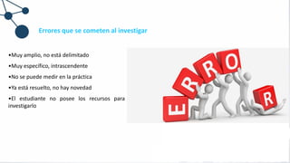 Errores que se cometen al investigar
•Muy amplio, no está delimitado
•Muy específico, intrascendente
•No se puede medir en la práctica
•Ya está resuelto, no hay novedad
•El estudiante no posee los recursos para
investigarlo
 