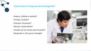 ¿Cómo hacer la Propuesta de Investigación?
•Espacio: ¿Dónde se realizará?
•Tiempo: ¿Cuándo?
•Universo: ¿A quienes?
•Alcance: ¿Hasta dónde?
•¿Cuáles son los motivos para el estudio?
•Responder a: ¿Por qué se investiga?
 