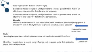 Cada objetivo debe de tener un único logro.
Si se coloca mas de un logro en un objetivo ello va a indicar que se trata de más de un
objetivo, en este caso debe de redactarse por separado.
Si se coloca mas de un logro en un objetivo ello va a indicar que se trata de más de un
objetivo, en este caso debe de redactarse por separado.
Ejemplo:
Identificar las características y sus implicancias de un proceso de formación pedagógica en el
área de CyT en la IE 2050 y formular un proceso operativo para su ejecución
3 logros diferentes,
cuales son?
Identificar y caracterizar a la anomia como influencia en la respuesta social de la población
juvenil frente a la pandemia.
Título:
Anomia y la respuesta social de los jóvenes frente a la pandemia de covid-19 en Perú
Cuantos son?
 