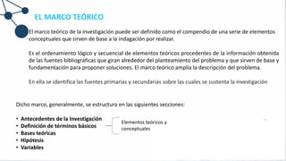 EL MARCO TEÓRICO
El marco teórico de la investigación puede ser definido como el compendio de una serie de elementos
conceptuales que sirven de base a la indagación por realizar.
Es el ordenamiento lógico y secuencial de elementos teóricos procedentes de la información obtenida
de las fuentes bibliográficas que giran alrededor del planteamiento del problema y que sirven de base y
fundamentación para proponer soluciones. El marco teórico amplia la descripción del problema.
En ella se identifica las fuentes primarias y secundarias sobre las cuales se sustenta la investigación
Dicho marco, generalmente, se estructura en las siguientes secciones:
• Antecedentes de la Investigación
• Definición de términos básicos
• Bases teóricas
• Hipótesis
• Variables
Elementos teóricos y
conceptuales
 