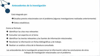 Antecedentes de la investigación
Está integrado por:
➔Estudios previos relacionados con el problema (algunas investigaciones realizadas anteriormente)
➔ Datos estadísticos
Como se formula:
➔ Identificar las citas mas relevantes
➔ Consultar con expertos en el tema
➔ Identificar las teorías relevantes y las fuentes de información relacionadas.
➔ Recolectar la información en fichas bibliográficas y de trabajo.
➔ Realizar un análisis crítico de la literatura consultada.
Los antecedentes de la investigación proporcionan la información sobre las conclusiones de otros
trabajos de investigación relacionados con el problema.
 