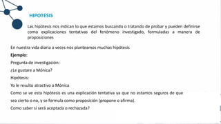 HIPOTESIS
Las hipótesis nos indican lo que estamos buscando o tratando de probar y pueden definirse
como explicaciones tentativas del fenómeno investigado, formuladas a manera de
proposiciones
En nuestra vida diaria a veces nos planteamos muchas hipótesis
Ejemplo:
Pregunta de investigación:
¿Le gustare a Mónica?
Hipótesis:
Yo le resulto atractivo a Mónica
Como se ve esta hipótesis es una explicación tentativa ya que no estamos seguros de que
sea cierto o no, y se formula como proposición (propone o afirma).
Como saber si será aceptada o rechazada?
 