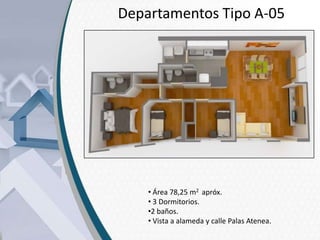 Departamentos Tipo A-05

• Área 78,25 m2 apróx.
• 3 Dormitorios.
•2 baños.
• Vista a alameda y calle Palas Atenea.

 