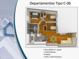 Departamentos Tipo C-06

• Área 69,03 m2 apróx.
• 3 Dormitorios.
•2 baños.
• Vista a calle huánuco.

 