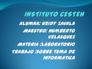 Alumna: keidy Zavala
    Maestro: Humberto
              Velasquez
  Materia :Laboratorio
Trabajo :sobre tema de
            informatica
 