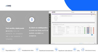 by
Fácil, sencilla yrápida puesta
en marcha solo se
necesita un navegador
web y una conexión a
internet.
Su diseño esmultidispositivo
sepuede usar desde una PC de
escritorio, una tablet oun
smartphone
Disponibilidad24x7 Actualizacionesonline Garantíadefuncionamiento Soportesincostoadicional APIs WAH(WorkAtHome)
 