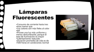 Lámparas
Fluorescentes
•Consumo de corriente hasta tres
veces menor que
•Los colores son más fieles al color
real.
•Provee una luz más uniforme y
menos deslumbrante, porque el
área de iluminación es mayor
•Calentamiento reducido
•Duración promedio de vida es de
7500 horas en condiciones normal
 