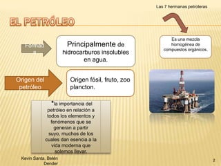 Las 7 hermanas petroleras

Principalmente de

Formad
a

hidrocarburos insolubles
en agua.

Origen del
petróleo

Es una mezcla
homogénea de
compuestos orgánicos.

Origen fósil, fruto, zoo
plancton.

*la importancia del
petróleo en relación a
todos los elementos y
fenómenos que se
generan a partir
suyo, muchos de los
cuales dan esencia a la
vida moderna que
solemos llevar.
Kevin Santa, Belén
Dender

2

 