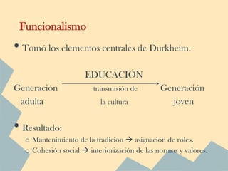 Funcionalismo
• Tomó los elementos centrales de Durkheim.
                     EDUCACIÓN
Generación              transmisión de        Generación
 adulta                   la cultura            joven

• Resultado:
  o Mantenimiento de la tradición  asignación de roles.
  o Cohesión social  interiorización de las normas y valores.
 