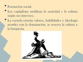 • Formación social.
• Los capitalistas moldean la sociedad y la cultura
    según sus intereses.
•   La escuela enseña valores, habilidades e ideología
    acordes con la dominación, se reserva la cultura a
    la burguesía.
 