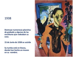 1938
Destruye numerosas planchas
de grabado y algunas de las
esculturas que rodeaban su
casa.
15 de Junio de 1938 se suicida
Su tumba está en Davos,
donde han hecho un museo
en su nombre.
 