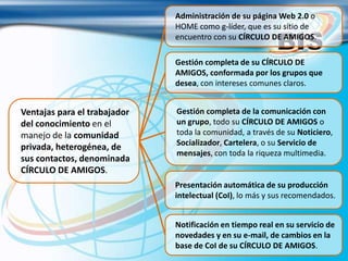 Ventajas para el trabajador
del conocimiento en el
manejo de la comunidad
privada, heterogénea, de
sus contactos, denominada
CÍRCULO DE AMIGOS.
Gestión completa de su CÍRCULO DE
AMIGOS, conformada por los grupos que
desea, con intereses comunes claros.
Administración de su página Web 2.0 o
HOME como g-líder, que es su sitio de
encuentro con su CÍRCULO DE AMIGOS.
Gestión completa de la comunicación con
un grupo, todo su CÍRCULO DE AMIGOS o
toda la comunidad, a través de su Noticiero,
Socializador, Cartelera, o su Servicio de
mensajes, con toda la riqueza multimedia.
Presentación automática de su producción
intelectual (CoI), lo más y sus recomendados.
Notificación en tiempo real en su servicio de
novedades y en su e-mail, de cambios en la
base de CoI de su CÍRCULO DE AMIGOS.
 