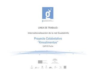 LINEA DE TRABAJO:

Internationalización de la red Guadalinfo

      Proyecto Colabotativo
         “Kmxalimentos”
              CAPI El Puche
 