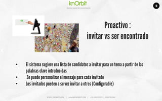 Company	
  name	
  
Ges5on	
  social	
  del	
  conocimiento	
  
•  El sistema sugiere una lista de candidatos a invitar para un tema a partir de las
palabras clave introducidas
•  Se puede personalizar el mensaje para cada invitado
•  Los invitados pueden a su vez invitar a otros (Configurable)
Proactivo :
invitar vs ser encontrado
	
  	
  
WWW.	
  KNORBIT.COM	
  	
  	
  	
  	
  |	
  	
  	
  	
  	
  rafael@KNORBIT.COM	
  	
  	
  	
  |	
  	
  	
  	
  	
  +34	
  699422229	
  |	
  	
  	
  	
  	
  BARCELONA	
  
18
 