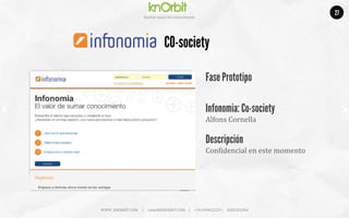 Company	
  name	
  
Ges5on	
  social	
  del	
  conocimiento	
  
Fase Prototipo
Infonomia: Co-society
Alfons	
  Cornella	
  
Descripción
ConNidencial	
  en	
  este	
  momento	
  
CO-society
WWW.	
  KNORBIT.COM	
  	
  	
  	
  	
  |	
  	
  	
  	
  	
  rafael@KNORBIT.COM	
  	
  	
  	
  |	
  	
  	
  	
  	
  +34	
  699422229	
  |	
  	
  	
  	
  	
  BARCELONA	
  
27
 