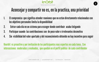 Company	
  name	
  
Ges5on	
  social	
  del	
  conocimiento	
  
WWW.	
  KNORBIT.COM	
  	
  	
  	
  	
  |	
  	
  	
  	
  	
  rafael@KNORBIT.COM	
  	
  	
  	
  |	
  	
  	
  	
  	
  +34	
  699422229	
  |	
  	
  	
  	
  	
  BARCELONA	
  
1.  El compromiso que significa atender reuniones que no están directamente relacionadas con
los objetivos personales limita la disponibilidad
2.  Entrar cada día en un sistema para escoger donde contribuir acaba fatigando
3.  Participar cuando las contribuciones son de poco valor o irrelevantes desmotiva
4.  Sin visibilidad del valor aportado y del reconocimiento obtenido no hay incentivo para seguir
6
Aconsejar y compartir no es, en la practica, una prioridad
Knorbit es proactivo y por invitación de los participantes mas expertos en cada tema . Con
interacciones moderadas y evaluadas, que quedan en el perfil publico de cada contribuidor
 