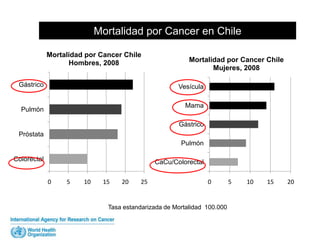 Mortalidad por Cancer en Chile
Mortalidad por Cancer Chile
Hombres, 2008
Gástrico

Mortalidad por Cancer Chile
Mujeres, 2008
Vesícula
Mama

Pulmón

Gástrico
Próstata
Pulmón
Colorectal

CaCu/Colorectal
0

5

10

15

20

25

0

Tasa estandarizada de Mortalidad 100.000

5

10

15

20

 