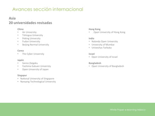Avances sección internacional
Asia	
  
20	
  universidades	
  revisadas	
  
       China	
                                           Hong	
  Kong	
  
       •  Air	
  University	
                            •  Open	
  University	
  of	
  Hong	
  Kong	
  
       •  Tshingua	
  University	
                       	
  
       •  Peking	
  University	
                         India	
  
       •  Fudan	
  University	
                          •  Nalanda	
  Open	
  University	
  
       •  Beijing	
  Normal	
  University	
              •  University	
  of	
  Mumbai	
  
       	
                                                •  Univesitas	
  Tarbuka	
  
       Corea	
                                           	
  
       •  The	
  Cyber	
  University	
                   Israel	
  
       	
                                                •  Open	
  University	
  of	
  Israel	
  
       Japón	
                                           	
  
       •  Sanno	
  Daigaku	
                             Bangladesh	
  
       •  Yashima	
  Gakuen	
  Univeristy	
              •  Open	
  University	
  of	
  Bangladesh	
  
       •  Open	
  University	
  of	
  Japan	
            	
  
       	
  
       Singapur	
  
       •  NaEonal	
  University	
  of	
  Singapore	
  
       •  Nanyang	
  Technological	
  University	
  
       	
  




                                                                                    White Paper e-learning México
 