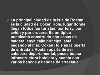    La principal ciudad de la isla de Roatán
    es la ciudad de Coxen Hole, lugar donde
    llegan todos los turistas, por ferry, por
    avión y por crucero. Es un tipico
    pueblecito construido con casas de
    madera, cuya calle principal está
    pegando al mar. Coxen Hole es la puerta
    de entrada a Roatán aparte de ser
    cabecera departamental, posee buena
    infraestructura hotelera y cuenta con
    varios bancos y tiendas de artesanía.
 