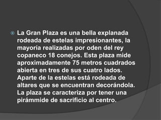    La Gran Plaza es una bella explanada
    rodeada de estelas impresionantes, la
    mayoría realizadas por oden del rey
    copaneco 18 conejos. Esta plaza mide
    aproximadamente 75 metros cuadrados
    abierta en tres de sus cuatro lados.
    Aparte de la estelas está rodeada de
    altares que se encuentran decorándola.
    La plaza se caracteriza por tener una
    pirámmide de sacrificio al centro.
 