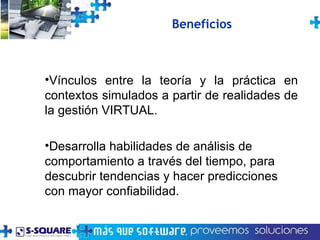 Vínculos entre la teoría y la práctica en contextos simulados a partir de realidades de la gestión VIRTUAL. Desarrolla habilidades de análisis de comportamiento a través del tiempo, para descubrir tendencias y hacer predicciones con mayor confiabilidad. Beneficios 