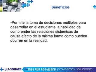 Permite la toma de decisiones múltiples para desarrollar en el estudiante la habilidad de comprender las relaciones sistémicas de causa efecto de la misma forma como pueden ocurren en la realidad. Beneficios 