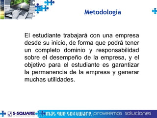 El estudiante trabajará con una empresa desde su inicio, de forma que podrá tener un completo dominio y responsabilidad sobre el desempeño de la empresa, y el objetivo para el estudiante es garantizar la permanencia de la empresa y generar muchas utilidades. Metodología 